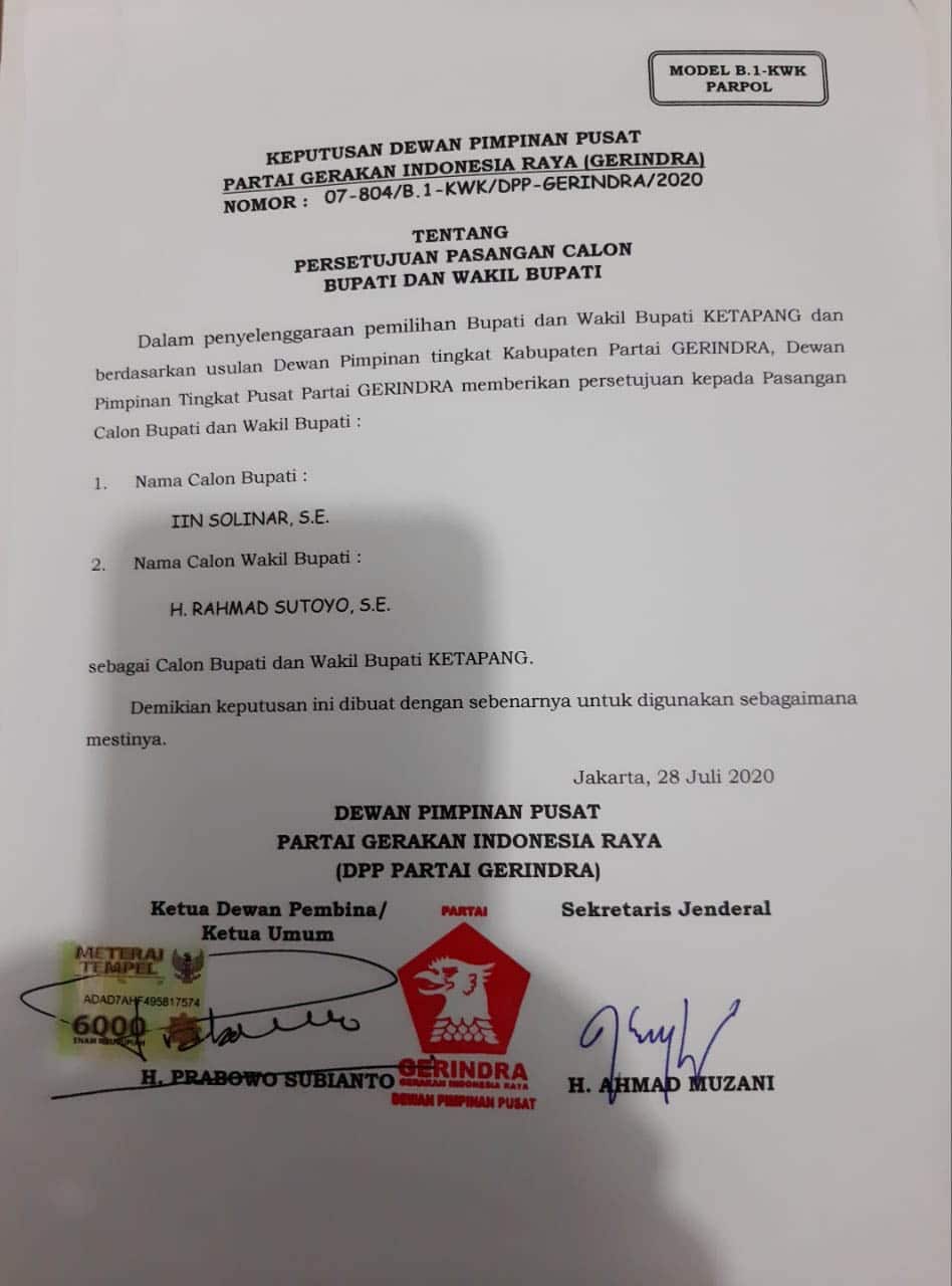 DPC Gerindra Ketapang Pastikan Usung Iin Solinar-Rahmat Sutoyo di Pilkada Serentak 2020