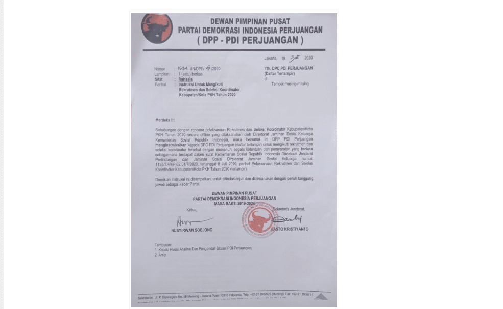 Surat Rahasia PDIP Soal Intruksi Pendaftaran Koordinator PKH Viral di Media Sosial