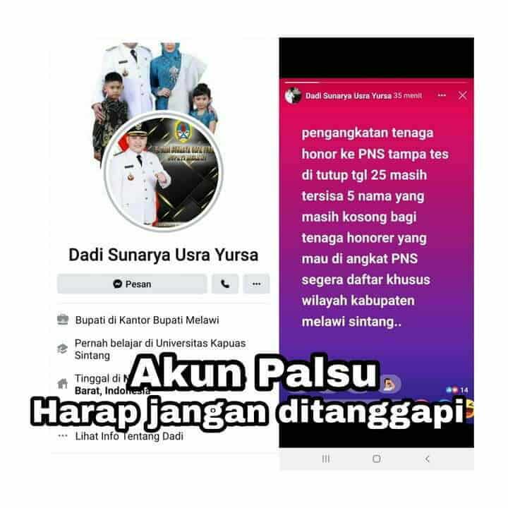 Hati-hati Akun Facebook Palsu Bupati Melawi, Sebar Hoax dan Tipu Warga