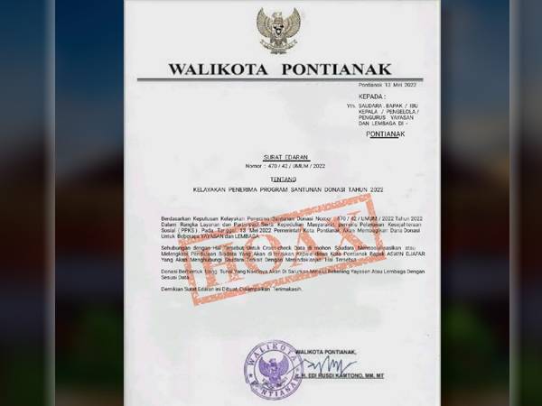Pemkot Pontianak Pastikan Surat Edaran Kelayakan Penerima Program Santunan Donasi Hoaks