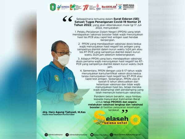 Selaseh 12 Juli, Kadiskes Kalbar Jelaskan Ketentuan Terbaru Perjalanan Domestik