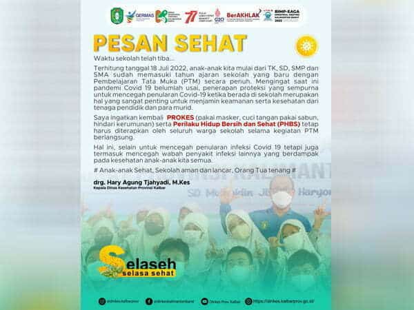 Selaseh 19 Juli, Kadinkes Ingatkan Sekolah Disiplin Prokes Hadapi Sekolah Tatap Muka Penuh