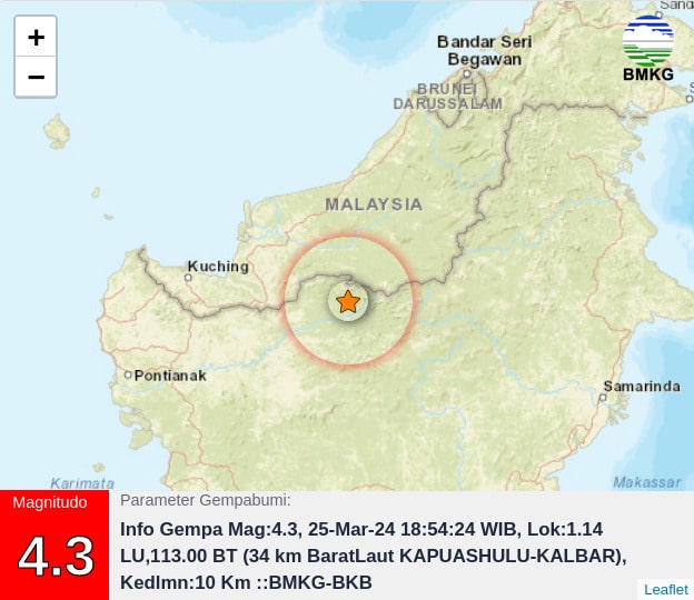 Gempa Bermagnitudo 4.3 Guncang Kapuas Hulu