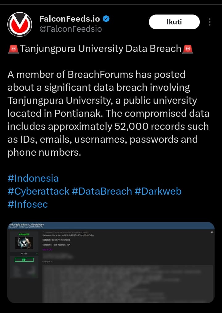 Server Untan Pontianak Diretas Hacker, 52 Ribu Data Bocor