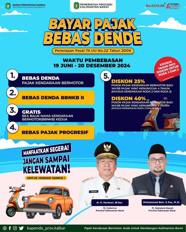 Pemprov Kalbar Bebaskan Denda Pajak Kendaraan Hingga Desember 2024