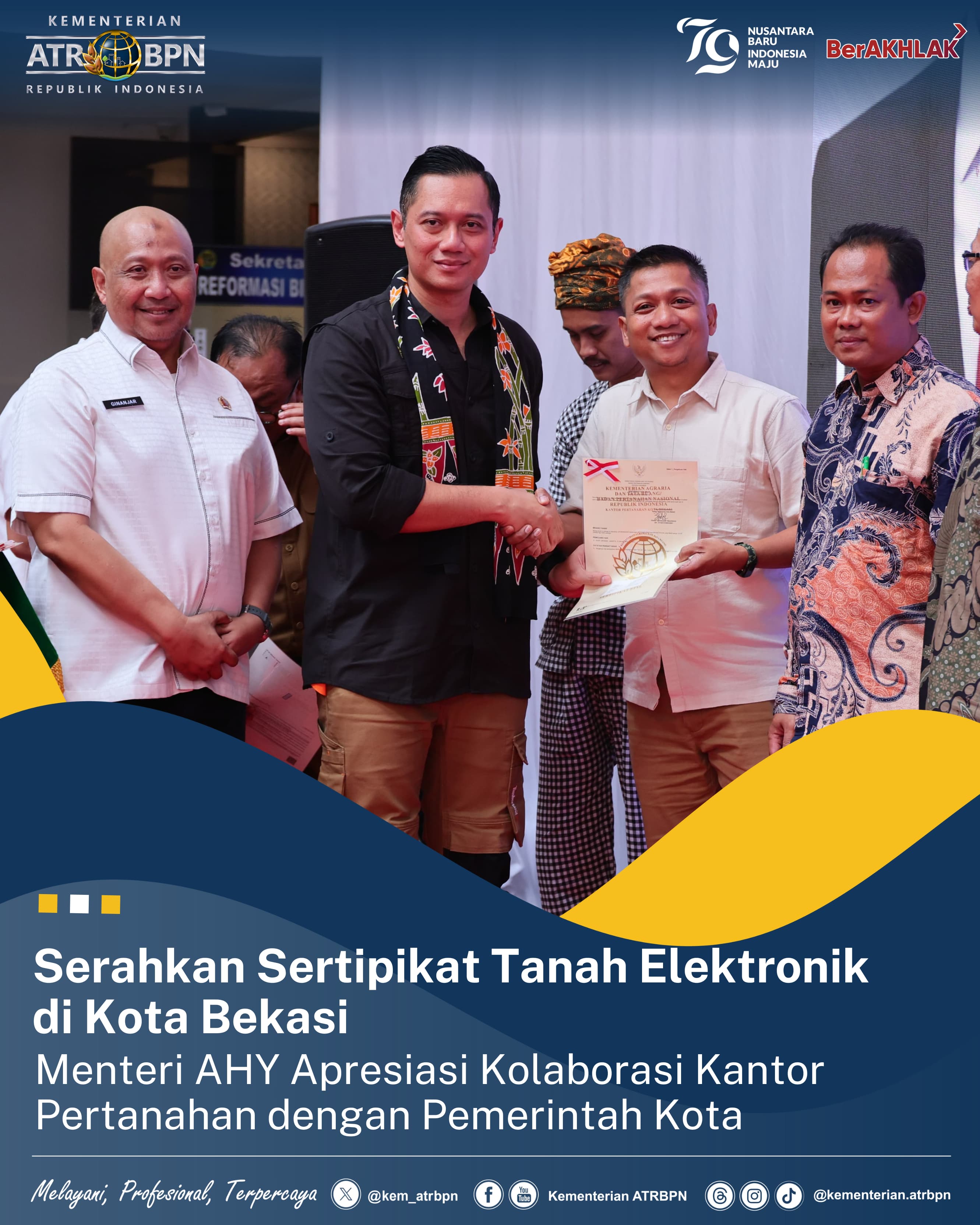 Serahkan Sertifikat Tanah Elektronik di Bekasi, Menteri AHY Apresiasi Kolaborasi Kantah dan Pemerintah Kota