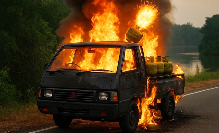 Diduga Korsleting, Mobil Pick Up Bermuatan Tabung Gas Ludes Terbakar di Kuala Mandor A