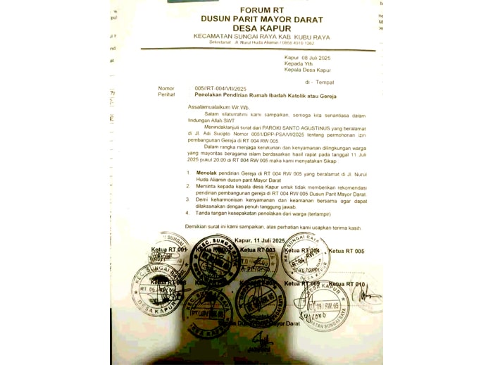 Forum RT di Kubu Raya Tolak Pembangunan Gereja