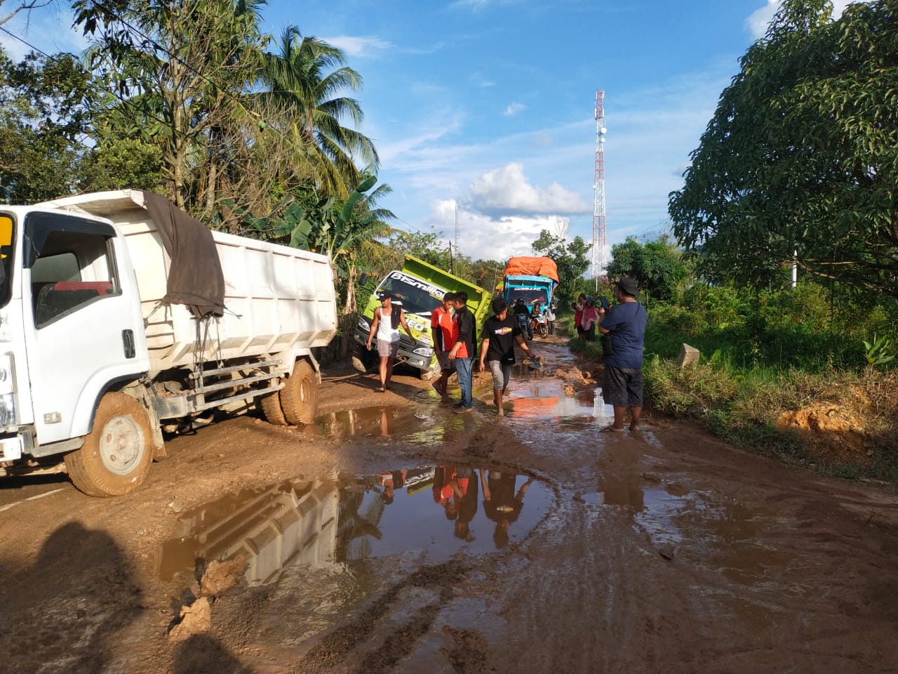 Sejumlah Truk Amblas di Jalan Poros Sukadana, Dusun Mentubang, Desa Harapan Mulia, Kabupaten Kayong Utara. (Foto: Dok. Istimewa/Santo)