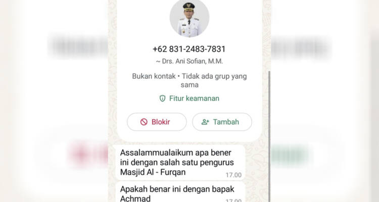 Tangkapan layar pesan singkat melalui Whatsapp yang mencatut nama Pj Wali Kota Pontianak Ani Sofian