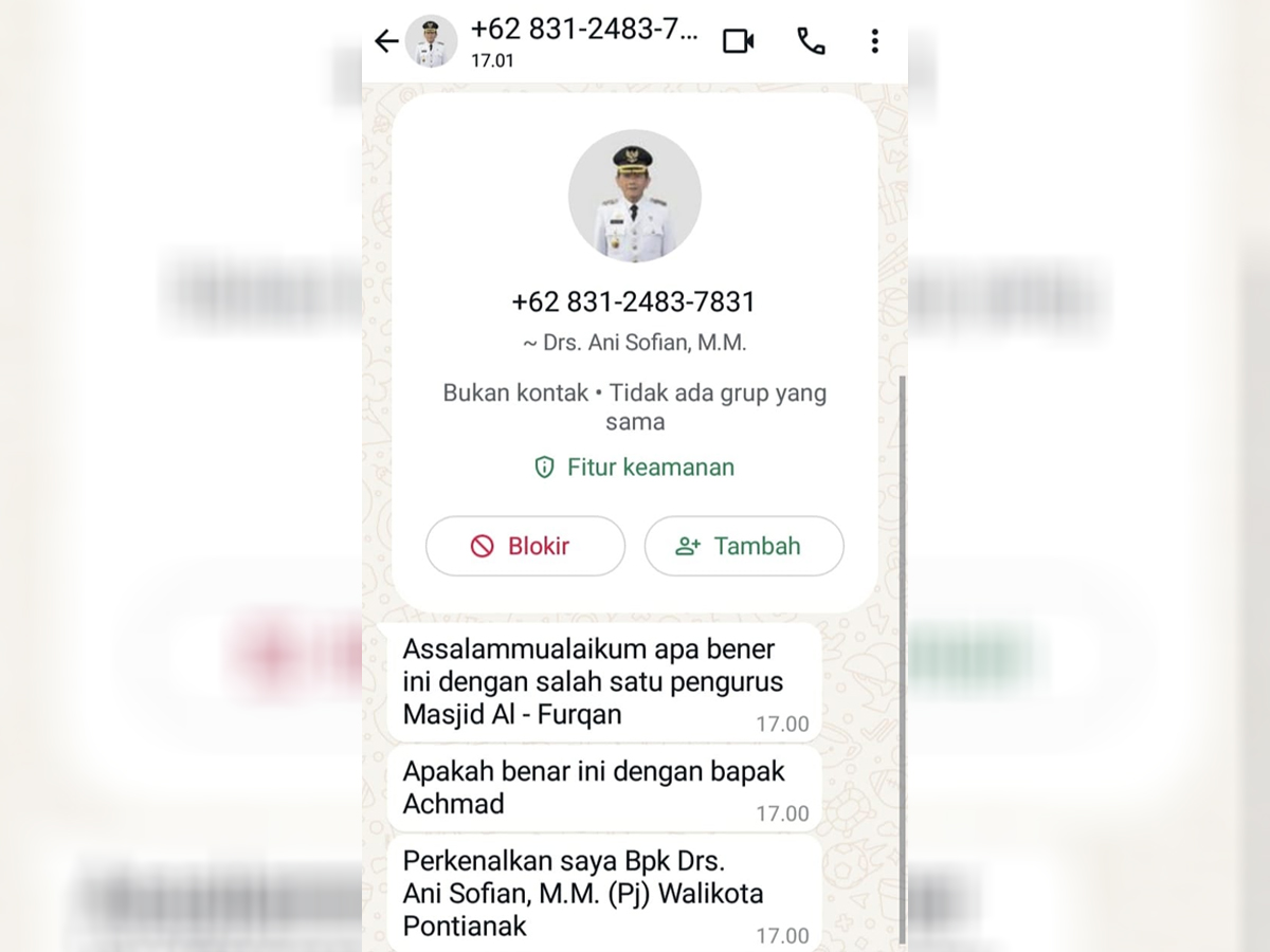 Tangkapan layar pesan singkat melalui Whatsapp yang mencatut nama Pj Wali Kota Pontianak Ani Sofian